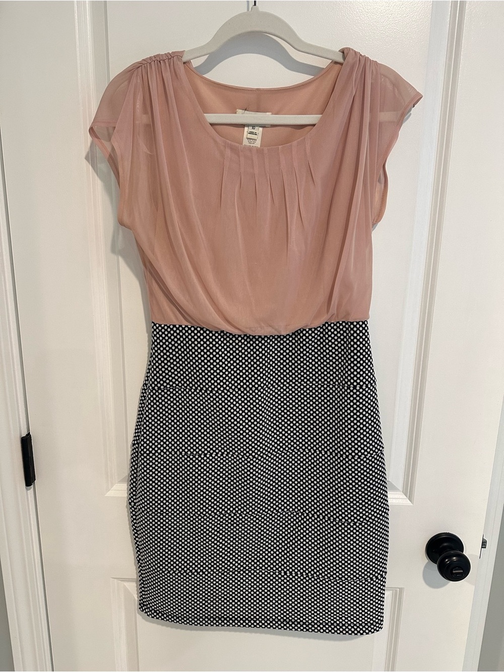 Blush Pink Chiffon & Navy & White Polka Dot Dress